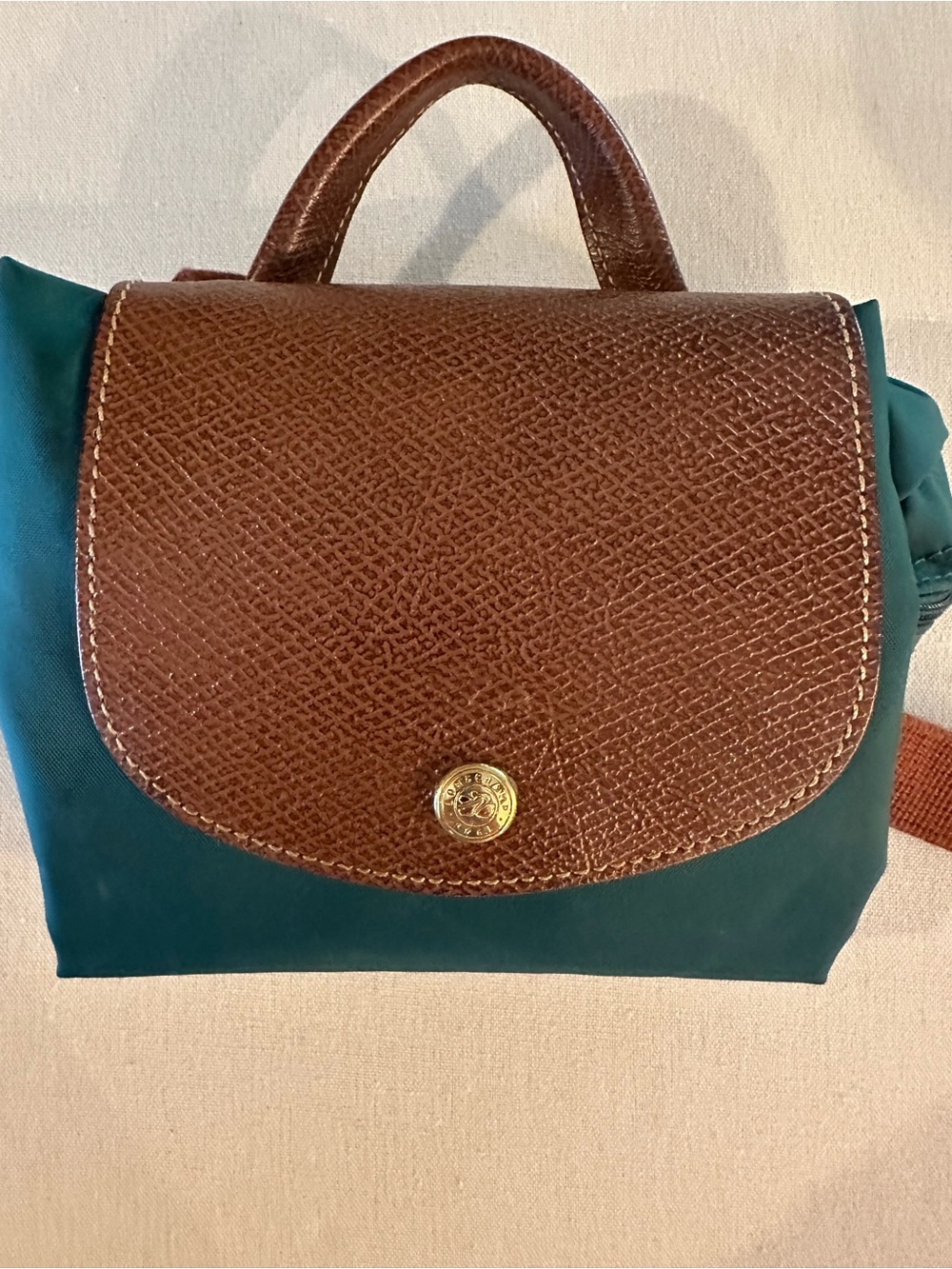 Longchamp Green Nylon Backpack with Brown Leather Flap - Picture 9 of 10